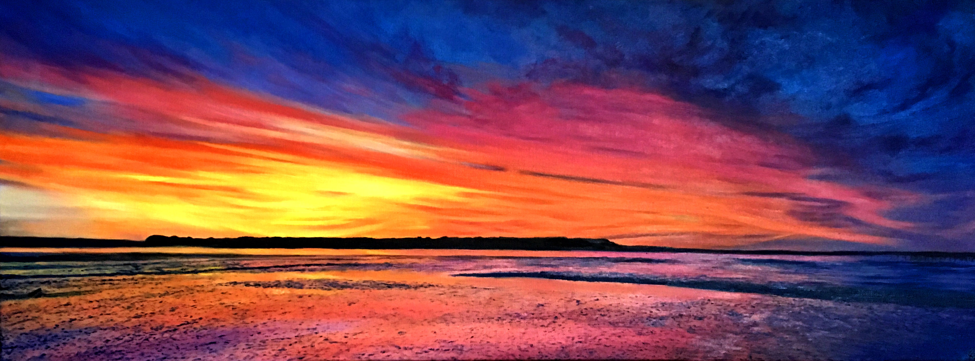 Oil painting of a vivid colourful sunset over Brownsea Island, Poole Harbour, Dorset, UK
