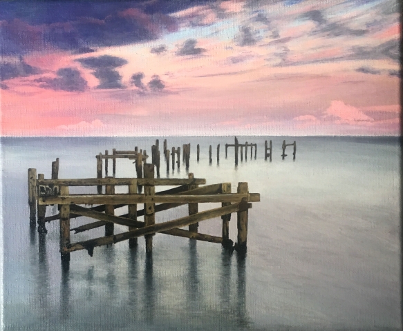 Acrylic painting of wrecked Swanage Old Pier with a colourful sky. Dorset, UK