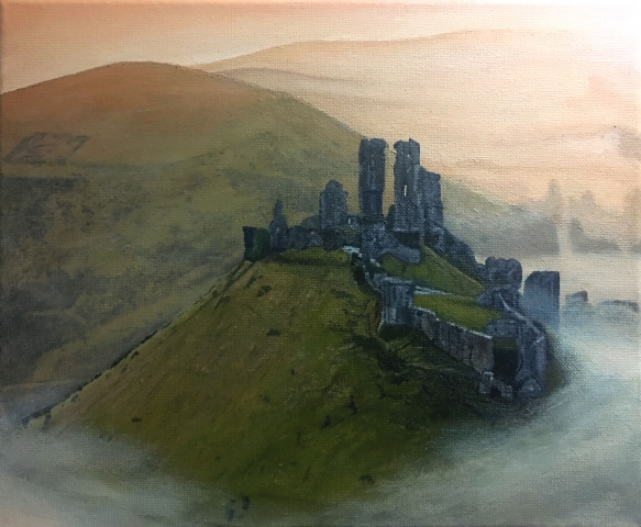 Acrylic painting of Corfe Castle in the early morning mist, Dorset, UK